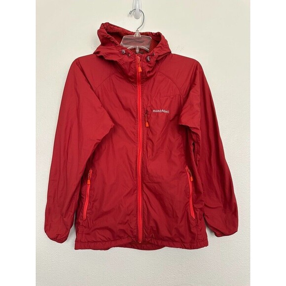 Mont Bell Wind Blast Hooded Jacket Red Full Zip Windbreaker Hiking Women's Large